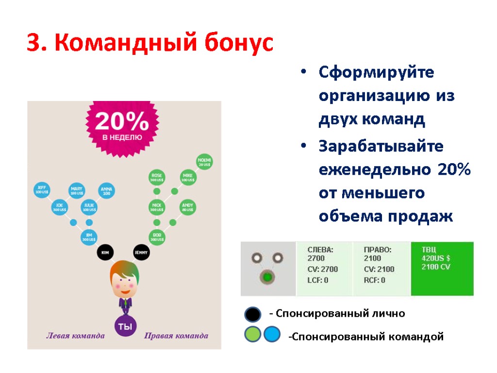 3. Командный бонус Сформируйте организацию из двух команд Зарабатывайте еженедельно 20% от меньшего объема